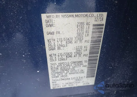 2019 Nissan Murano Sl из США, поврежденный, VIN 5N1AZ2MSXKN103347